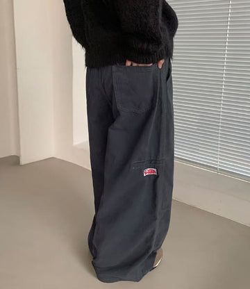 Hebender Stitch Patch Cotton Banding Wide Pants